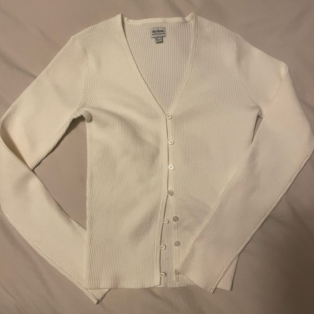 Rhythm. Women's Cream Ribbed V-Neck Button Cardigan